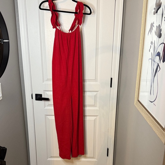 Chic Scarlet Jumpsuit with Ruffle Straps - Picture 1 of 8